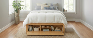 English Elm Queen Platform Storage Bed with Hydraulic Lift Footboard and Four Drawers Antique Finish Natural LP000139AAN