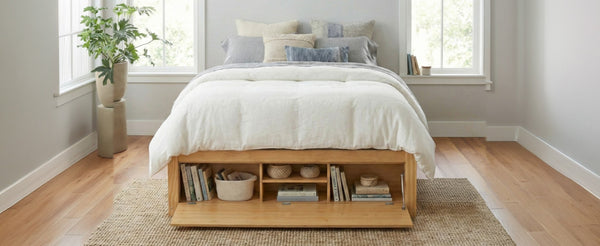 English Elm Queen Platform Storage Bed with Hydraulic Lift Footboard and Four Drawers Antique Finish Natural LP000139AAN