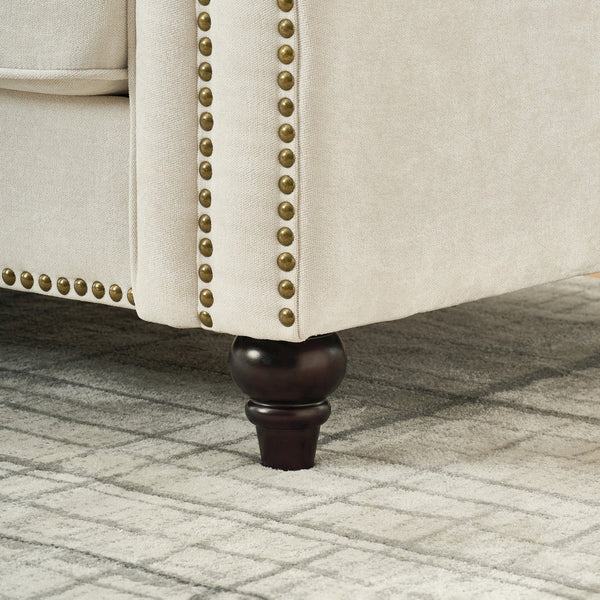 English Elm Modern Chenille 3+2 Seater Sofa with Rolled Arms, Velvet Touch, Nailhead Trim, Solid Wood Legs, Cozy Beige W3373S00022