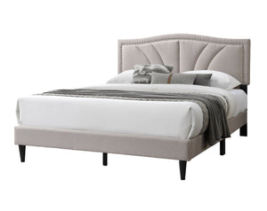 English Elm Modern Queen Burlap Platform Bed with Curved Tufted Headboard, Nailhead Trim and Sturdy Slat Base Light Brown 67 L x 31 W x 6 H B011P238963