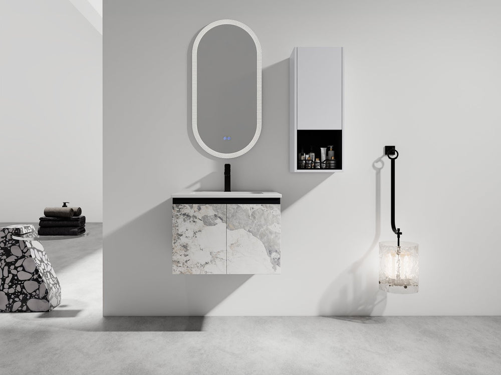 English Elm 24" Wall-Mounted Bathroom Vanity Set With Soft Close Doors, Ceramic Sink, And Side Cabinet Storage W999S00330