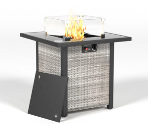 English Elm 28 28 Inch Propane Fire Pit Table with 50,000 BTU Stainless Burner, Rattan Look, Tempered Glass Top & Windscreen Grey+White W861P211924