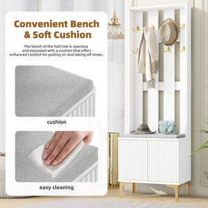 English Elm ON-TREND Modern Luxury Hall Tree with Cushioned Bench, Fluted Doors, 8 Gold Hooks & Adjustable Shelf White N721P192814K
