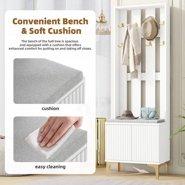 English Elm ON-TREND Modern Luxury Hall Tree with Cushioned Bench, Fluted Doors, 8 Gold Hooks & Adjustable Shelf White N721P192814K