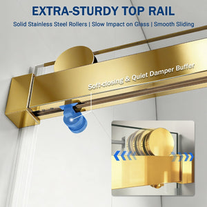 English Elm 56" Frameless Sliding Shower Door Tempered Glass Soft Close Matte Hardware Alcove Fit Gold+Glass W1920P385328