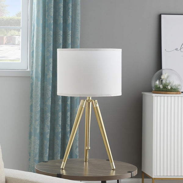 English Elm 35.5" Adjustable Mid-Century Brass/Gold Tripod Table Lamp with White Linen Shade, 25.75"-35.5" Height Adjustable B072P220158