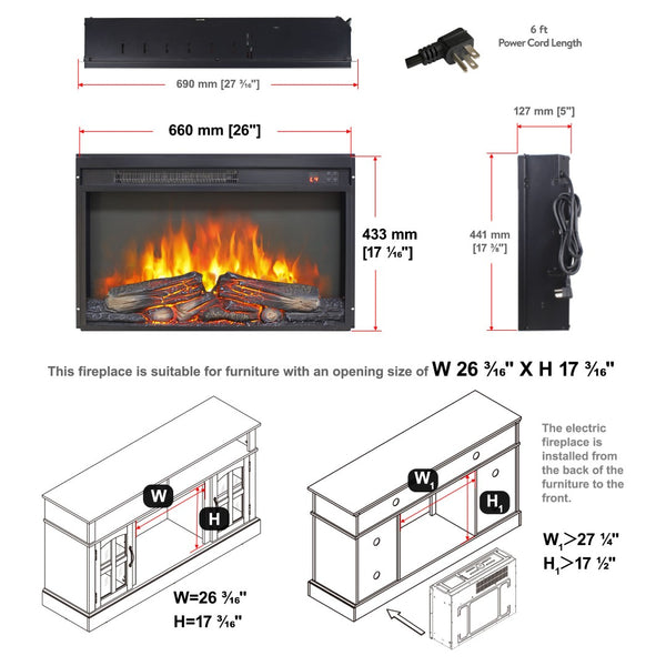English Elm 26 Inch Slim Electric Fireplace Insert with Log Set Realistic Flame and Remote Timer W1769P345285
