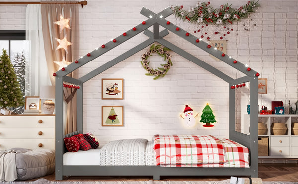 English Elm Twin House Frame Floor Bed Solid Pine Kids Room Montessori Low Profile Play Nook Gray W1580P387843