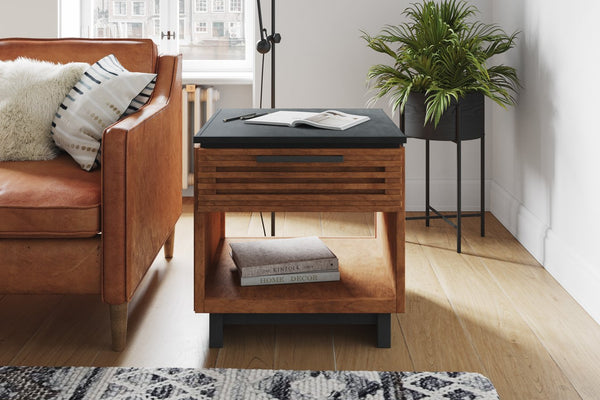 English Elm 24" Scandinavian Side Table in Black & Bourbon Finish, Poplar/Okume Craft, Drawer + Shelf, Ready B108131541