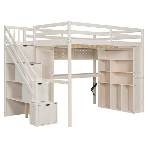 English Elm Full Loft Bed with Integrated Wardrobe Desk Shelving and Led Lighting for Teen Rooms Beige LT000927AAA