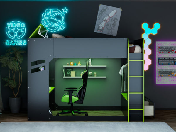 English Elm Full Size Loft Bed with Rgb Lighting Desk Drawers Hanging Rod Teen Bedroom Green LT000288AAF-1
