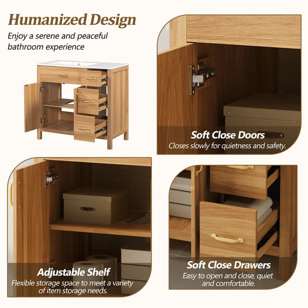 English Elm 36" Wood Bathroom Vanity with Solid Frame, Gold Handles, 3 Soft-Close Drawers & 2 Doors, Spacious Countertop N729P204176N