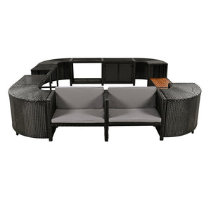 English Elm Spa Surround Quadrilateral Outdoor Rattan Sectional Sofa Set with Wooden Seats, Storage & Cushions Grey SZ000070AAE