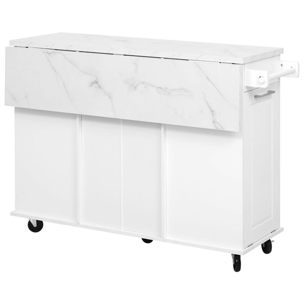 English Elm K&K Vintage Convex Kitchen Island Cart with Faux Marble Top, Tilt Trash, Pull-Out Organizer, Wheels White N707P299008W