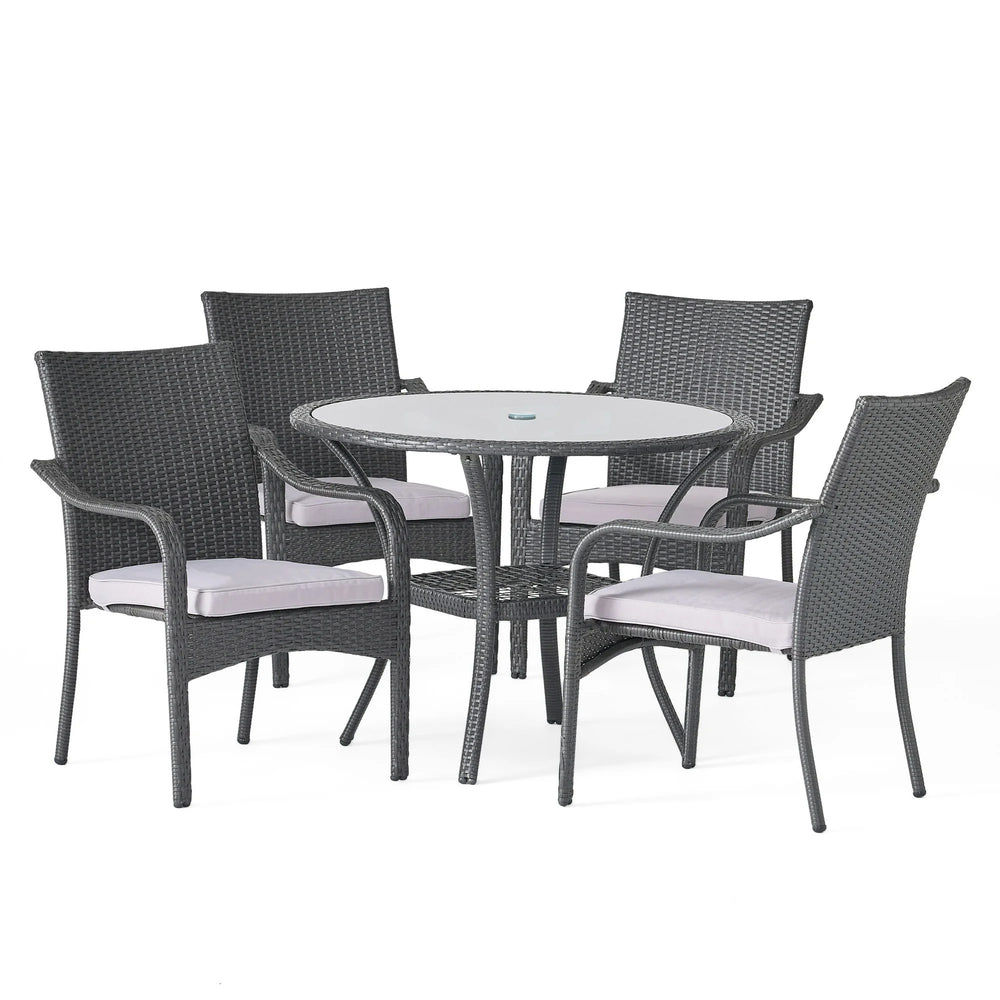 English Elm Christopher Knight Home® - Outdoor Rattan Dining Set with 4 Arm Chairs and Tempered Glass Table, Grey Cushions, Water-Resist 56225.00CHR4-TBL