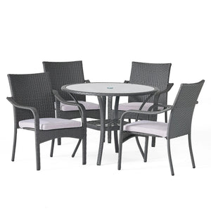 English Elm Christopher Knight Home® - Outdoor Rattan Dining Set with 4 Arm Chairs and Tempered Glass Table, Grey Cushions, Water-Resist 56225.00CHR4-TBL