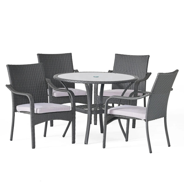 English Elm Christopher Knight Home® - Outdoor Rattan Dining Set with 4 Arm Chairs and Tempered Glass Table, Grey Cushions, Water-Resist 56225.00CHR4-TBL