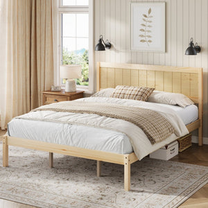 English Elm Platform King Bed Solid Pine Panel Headboard Wood Slat Base Modern Bedroom Frame Natural N709P425341N