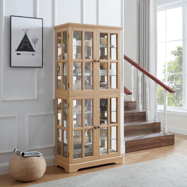 English Elm Curio Clear Glass Display Cabinet with Lattice Doors, Adjustable Shelves, E26 Bulb Included, Vintage Chic Oak W2275P231686