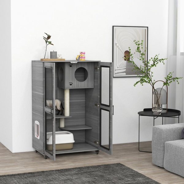 English Elm Pawhut Indoor Cat Enclosure Catio Villa with Scratching Posts Oak Furniture Style W2225P229157