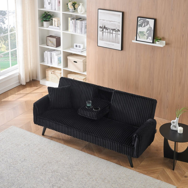 English Elm Minimalist Corduroy Reclining Sofa with Convertible Flat Sleeper and Cup Holder Black W3356P421777