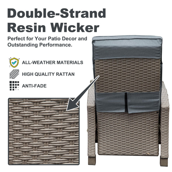 English Elm Outdoor Recliner Chair with Hand‑Woven Resin Wicker, Built‑In Flip Table, Thick Cushions, 150° Recline Gray W1859P196424