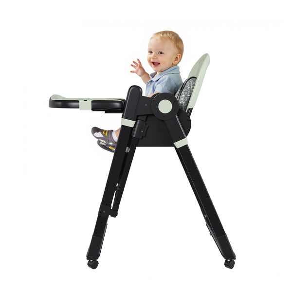 English Elm Convertible Baby High Chair to Rocker with 5-Point Harness, Foldable Feeding Seat, Quiet Wheels, Easy-Clean Tray and Adjustable Recline for Infants and Toddlers Dark Green W2699P371975