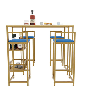 English Elm Bar Table and Four Cushioned Chairs Gold Iron Frame with Built-in Shelf Coastal Style W3064P245382