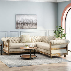 Christopher Knight Home® - Noble House - - 87.75-Inch Beige L-Shaped Sectional Corner Sofa With Rolled Arms – Spacious 5-Seater Fabric Couch, Perfect For Living Room, Bedroom, Apartment, Or Office, Comfortable, Stylish, And Space-Saving Design