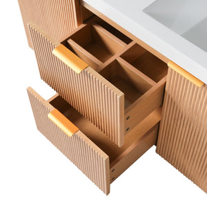 English Elm [video]47.24 Inch Floating Double Sink Vanity Mdf Cabinet Gold Handles Modern Bath N729P000025N