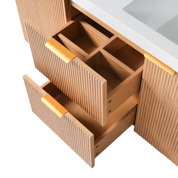 English Elm [video]47.24 Inch Floating Double Sink Vanity Mdf Cabinet Gold Handles Modern Bath N729P000025N