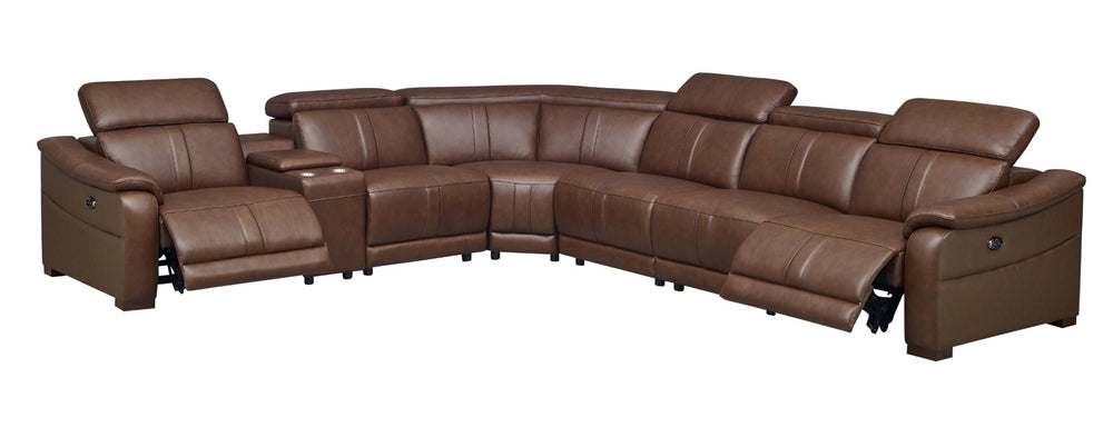 English Elm Leather Match Modular Sectional Power Reclining Sofa with Console and Cup Holders Dark Brown B2748S00035