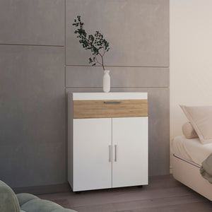 English Elm Shoe Modern 3‑Door Concealed Shoe Cabinet with 3 Shelves, Sturdy Legs, Compact Engineered Wood Storage White + Light Oak 37.01 L x 28.35 W x 3.94 H B097P350292