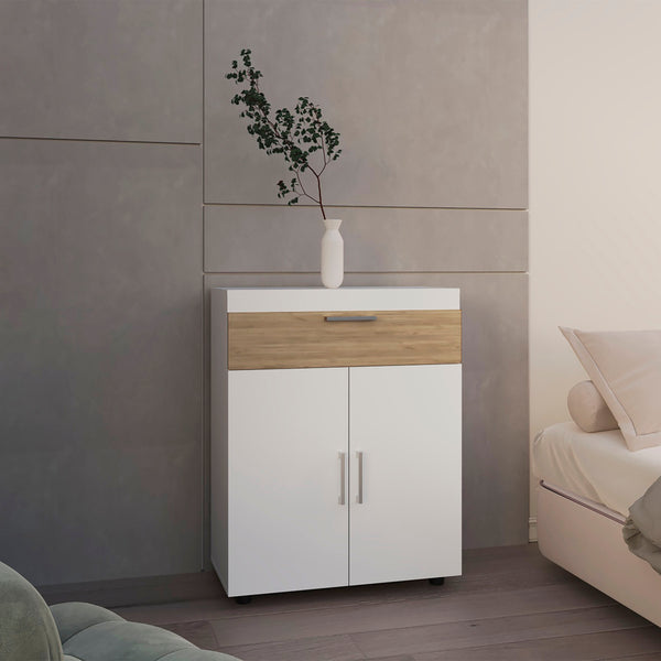 English Elm Shoe Modern 3‑Door Concealed Shoe Cabinet with 3 Shelves, Sturdy Legs, Compact Engineered Wood Storage White + Light Oak 37.01 L x 28.35 W x 3.94 H B097P350292