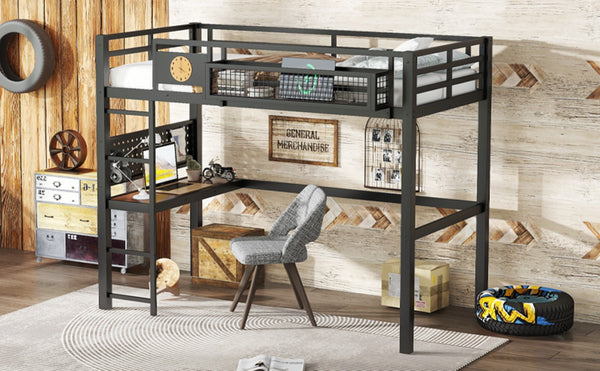 English Elm Twin Xl Solid Pine Loft Bed with Built-in Led Lighting and Storage Shelves W1580S00374