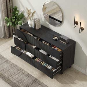 English Elm Modern Fluted 6 Drawer Dresser with Solid Wood Legs Japandi Chest for Bedroom Carbon Black N739S0000015E