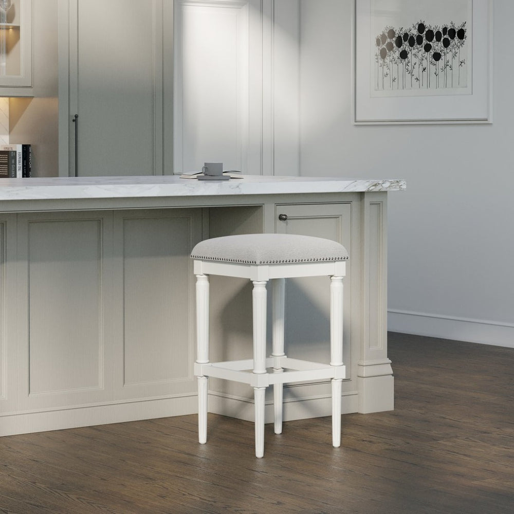 English Elm 31"h Distressed Walnut Bar Stool Carved Wood Frame with Upholstered Faux Leather Seat B2751P436459