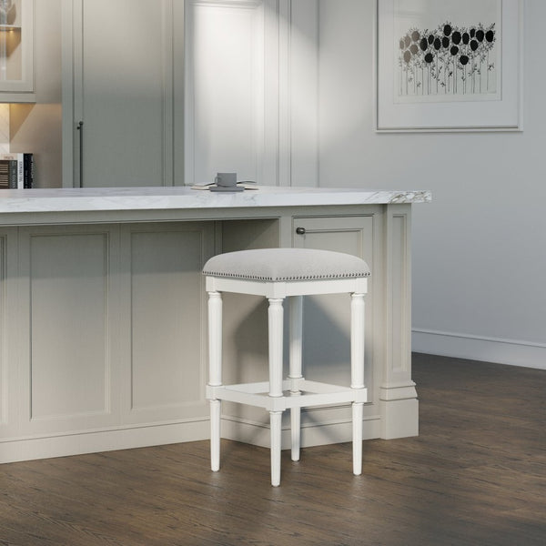 English Elm 31"h Distressed Walnut Bar Stool Carved Wood Frame with Upholstered Faux Leather Seat B2751P436459