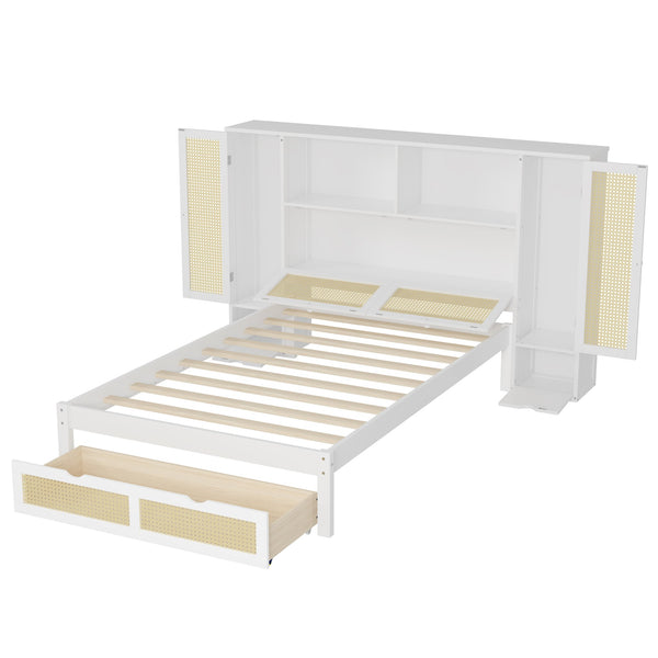 English Elm Twin Multifunctional Bed with Rattan Headboard Storage, Drawer & Shelves — Space-Saving Pine Design White 50.4 L x 19.8 W x 5.5 H N733S241280K