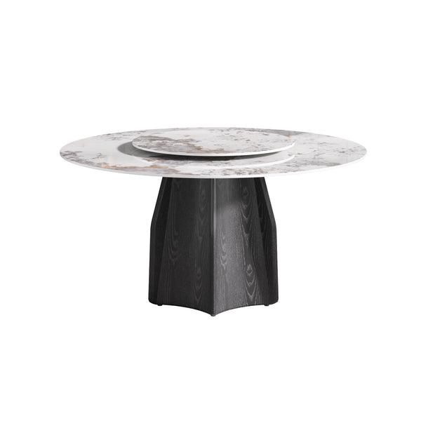 English Elm 59.05" Round Marble Dining Table With Lazy Susan, Black Oak Base, Seats 6-8, Elegant & Durable Design W1535S00460