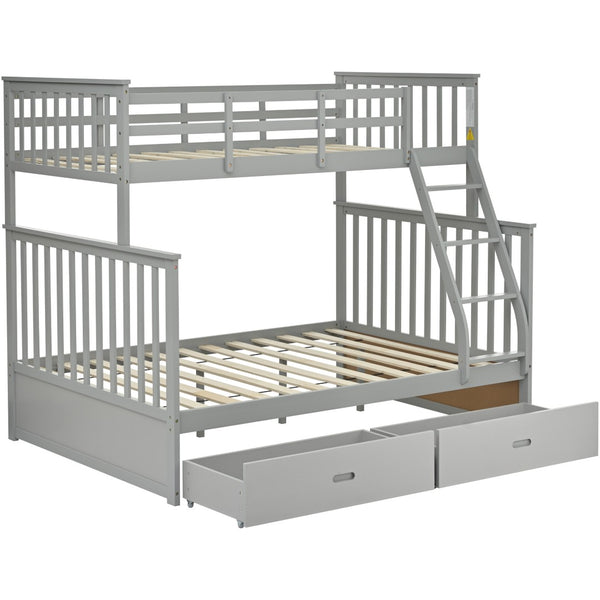 English Elm Twin Over Full Bunk Bed With Storage Drawers – Stylish Gray Wooden Bed With Safety Rails & Ladder K495S00001-GIGA