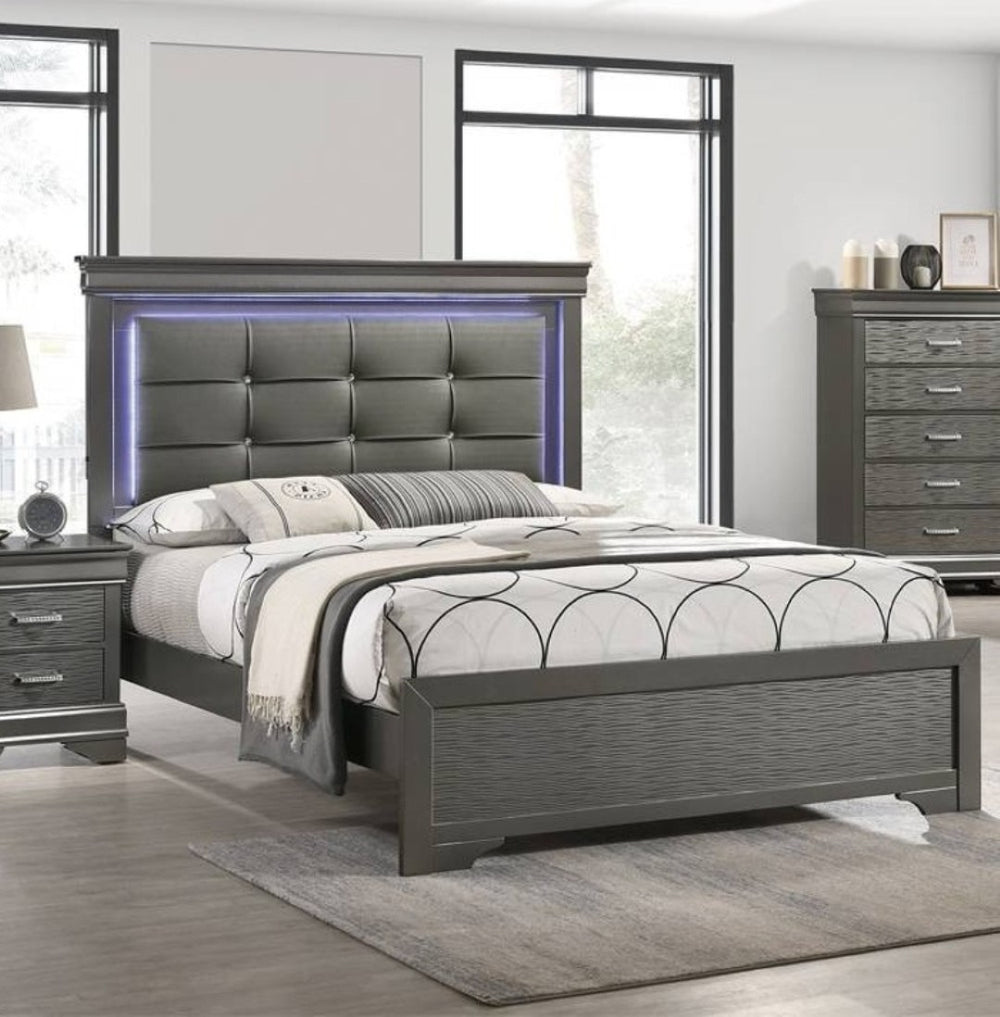 English Elm Gray Faux Leather Queen Bed with Led Headboard and Square Button Tufted Frame B011S02087