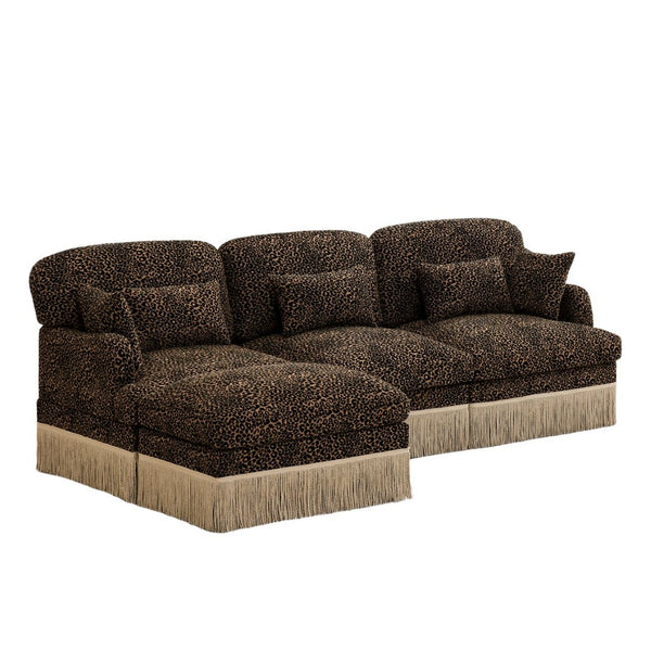 English Elm 100"comfy Chenille Leopard Print Sectional Sofa with Tassel Trim and Movable Ottoman Brown W5656S00014