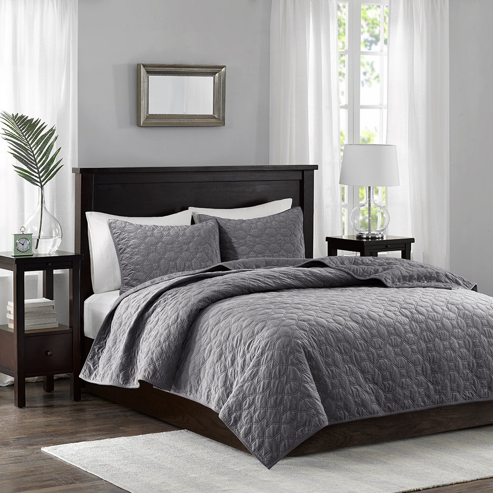 JLA Home Madison Park - 3 Velvet Quilt Set with Plush Polyester, Geometric Quilting, Antimicrobial Finish for Cozy, Easy-Care Beds Grey MP13-3307