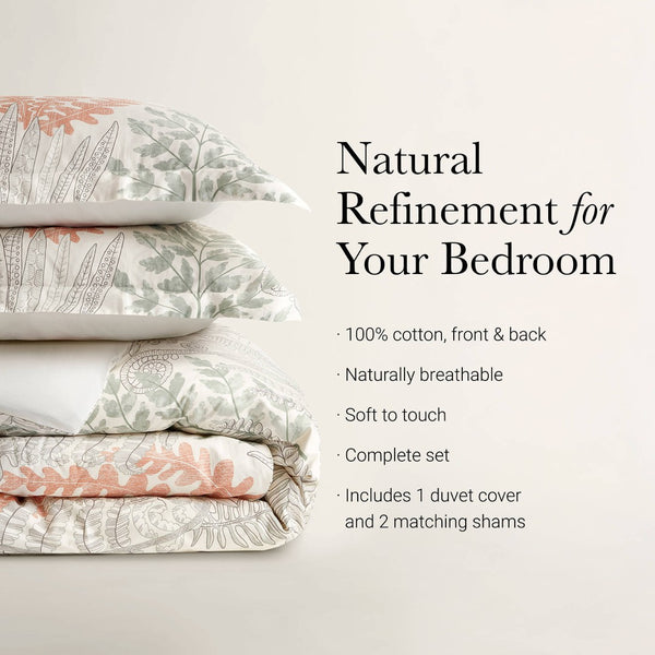 English Elm 3-piece King Cotton Sateen Duvet Set Botanical Herb Print 300tc Terracotta Linen B035P408292