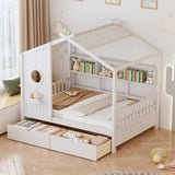 English Elm Wooden Full Size House Bed With 2 Drawers,Kids Bed With Storage Shelf, White