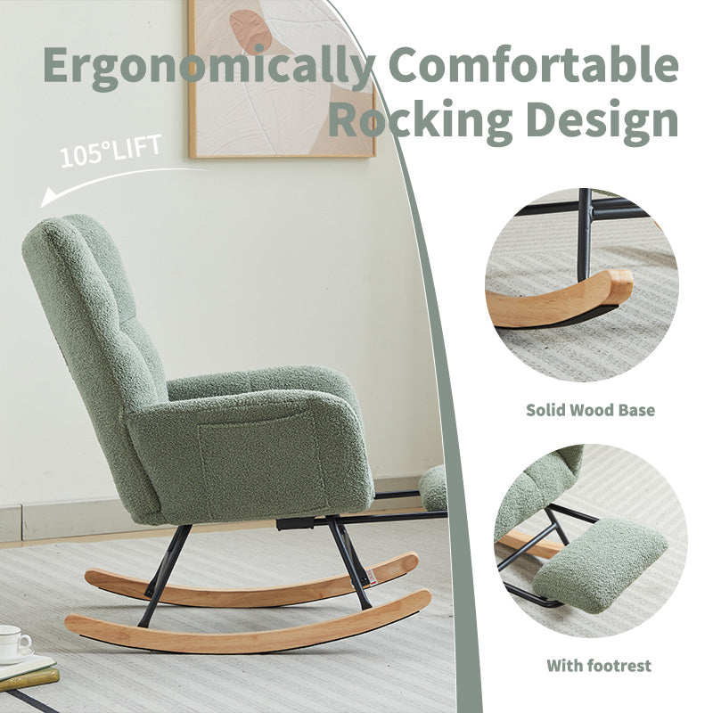 English Elm Modern Teddy Upholstered Rocking Chair with High Backrest and Solid Wood Legs for Cozy Nurseries Green W2725P209962