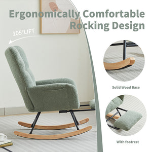 English Elm Modern Teddy Upholstered Rocking Chair with High Backrest and Solid Wood Legs for Cozy Nurseries Green W2725P209962