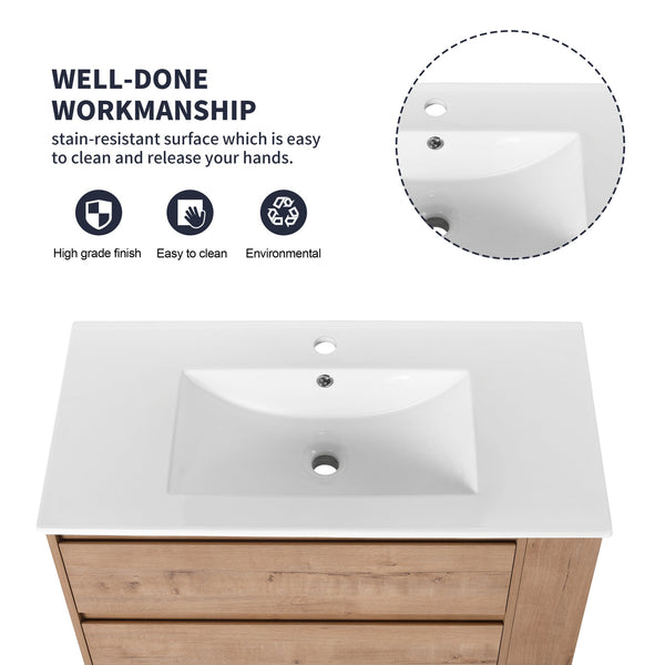 English Elm 36" Wall Mounting Bathroom Vanity With Ceramic Sink, Side Adjustable Shelf, Soft-Close Drawers, Water-Resistant Plywood Finish W999S00142