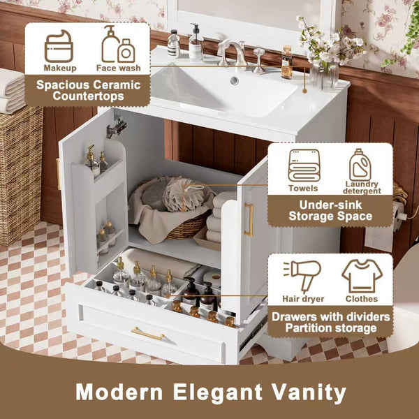 English Elm 30" Modern Bathroom Vanity with Ceramic Sink, Soft-Close Doors, Divided Drawer & Dual Door Shelves White N729P321376K